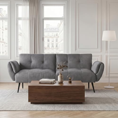 JIEXI Sofá Cama futón, sofá Cama Moderno de Lino de 195 cm con respaldos Ajustables, Amarillo, sofá Convertible 4 en 1 para Sala de Estar, Dormitorio (Gris Oscuro, 195 cm)