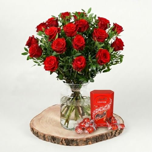Fleur De Luxe 18 Red Roses Fresh Flower Bouquet With Chocolates, Valentine'S Day Romantic Gift For Her, Hand Tied Arrangement For Wife Girlfriend Mum, Premium Long Stem Roses