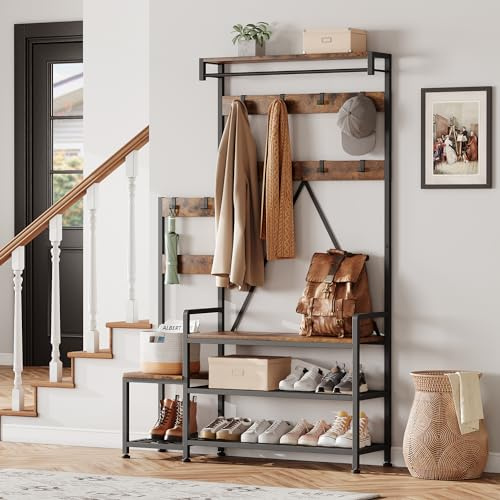 Garvee Porte-Manteau avec Étagère à Chaussures, Meuble d’Entrée avec Banc, Style Industriel, Facile à Monter pour Entrée, Couloir, Salon