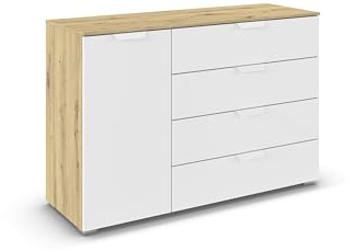 Rauch Möbel ADITIO, Kommode, Farbe Weiß/Eiche Artisan, Breite 120 cm | Sideboard im modernen Look, 1-türig, 4 Schubladen, Soft-Close, für Schlafzimmer, Gästezimmer, Wohnzimmer, Garderobe, Flur