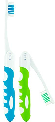 Lingito Reise-Zahnbürste, faltbar, mittelgroße Nylon-Borsten, 2 Stück, Blau / Grün