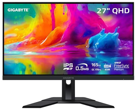 Gigabyte M27Q 27 170Hz 1440P -KVM Gaming Monitor, 2560 x 1440 SS IPS Display, 0.5ms (MPRT) Response Time, 92% DCI-P3, HDR Ready, FreeSync Premium, 1x Display Port 1.2, 2x HDMI 2.0, 2x USB 3.0