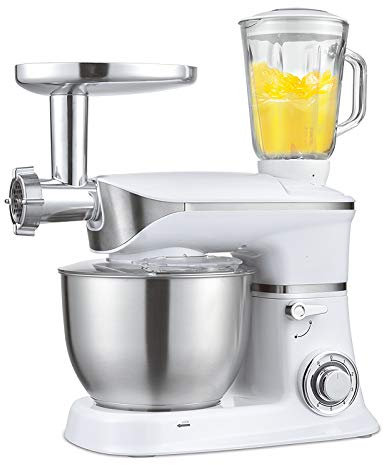 QWEASDF 3 in 1 Stand Mixer, Food Processor, 1300W Kitchen Food Mixer with 6 Speed and Pulse, Home mixer stand up with 6.5L Stainless Steel Bowl, Dough Hook, Whisk, Beater, and Juice Extractor,White