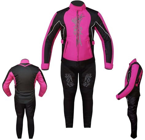 warrior gears Giacca da moto donna con ricamo grafico e pantaloni protettivi con fodera termica, tuta da moto con armatura CE per ragazze (Rosa, Giacca L (12 UK) - Pantaloni 12 UK)