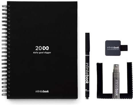 InfiniteBook Planner Kit de Iniciación - Cuaderno Planificador de Pizarra Reutilizable A5 con Kit de Limpieza, Bolígrafo y Soporte Para Boli Autoadhesivo