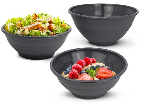 Coolinato - Set de 3 bols pliables en silicone platine 16-24cm Gris - Saladier repliable pour camping avec 3 couvercles pour les aliments frais - Résistant à la chaleur et compatible au lave-vaisselle