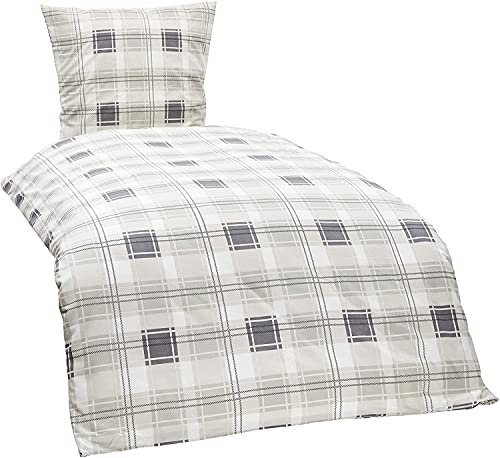 Merkanta Renforcé Bettwäsche Set | King Size (Karo-Silber) | 100% Baumwolle | Bettbezug mit Streifen | 3 teilig | mit Kissenbezug | 155 x 220 cm | weich | Kopfkissenbezug 80 x 80 cm