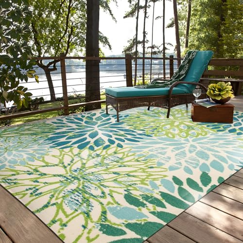 Taleta Sunshine Waterproof Outdoor Area Rug - Large Picnic Blanket, Easy Clean Floral Garden Camping Mat with Tropical Plant Design for Patio, Balcony, Beach, BBQ, Deck (Green, 160x230cm)