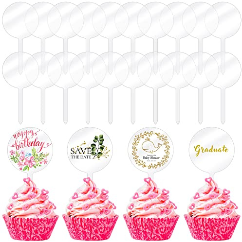 30 Pack 2 Inch Round Acrylic Custom Cupcake Toppers with Sticks, Clear