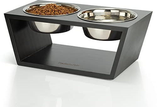 Pawfect Pets Elevated Dog Bowl Stand- 7 Raised Dog Bowl for Medium Dogs. Pet Feeder with Four Stainless Steel Bowls (Black)