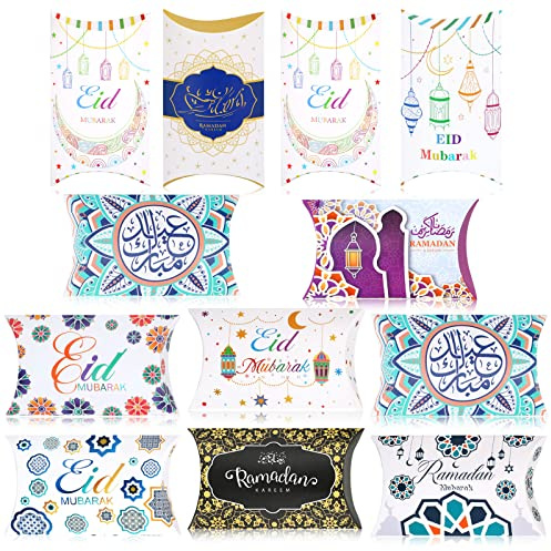 DPKOW 12St Kissenschachteln für Ramadan Eid Geschenktüten, Ramadan Eid Mubarak Partytüten Boxen für Süßigkeit Kartenhaltung, Schöne Kiste für Ramadan Eid Gastgeschenke Keks Kleines Geschenk