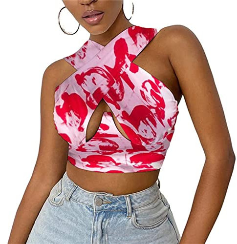 Vrouwen Débardeur sexy coupe croisée coupe ajustée dos nu Uitsparing Effen/Bedrukte Mouwloze Haut court visage rouge, XL
