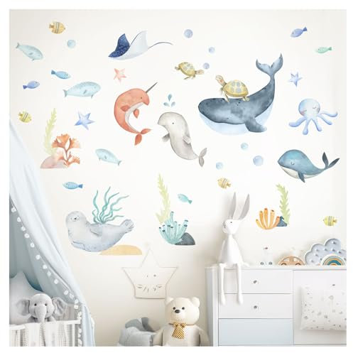 DEKO KINDERZIMMER Wandsticker Meerestiere Wal Kinderzimmer Wandtattoo Wandaufkleber Ozean Unterwasserwelt Delphin Babyzimmer Wanddeko DK1065-4