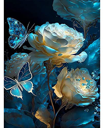 Blumen Diamond Painting Kits Erwachsene,Schmetterling Diamant Painting für Kinder,Pfingstrosenblüte in der Nacht Kristall Art Kit Komplett,Mosaik Painting nach Zahlen Set für Wall Décor,30x40 cm
