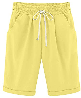 oglccg Half Pants Plus Size Knee Length Cotton Linen Shorts with Pockets Summer Solid Beach Vacation Shorts Straight Leg Trousers Drawstring Elastic Waist Bermuda Shorts Work Shorts, Yellow