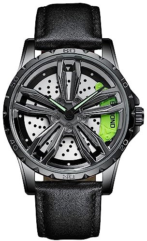 RORIOS Herrenuhr Auto Rad Felgennabe Analoge Quarz Armbanduhr - Mode Sport Uhr 3ATM Wasserdicht Männer Skelett Mit Leder Armband