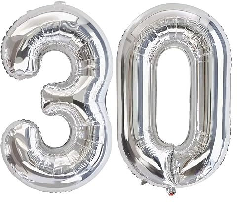Vthoviwa 40 Zoll/18 Farbens Luftballon Zahlen 30 Silbrig, Luftballon 30. Geburtstag Foil Ballon, 0123456789,10-19,20-25,30,40,50,60,70,80,90, Folienballon 30 Party Dekoration Helium Unterstützen