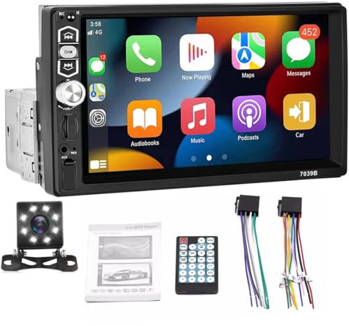 Autoradio Single Din con Apple Carplay Android Auto, Touchscreen 7 Bluetooth Vivavoce per auto,Supporta AUX/TF/USB Radio FM Mirror Link SWC,Ricevitori audio per auto con 8 LED Telecamera posteriore
