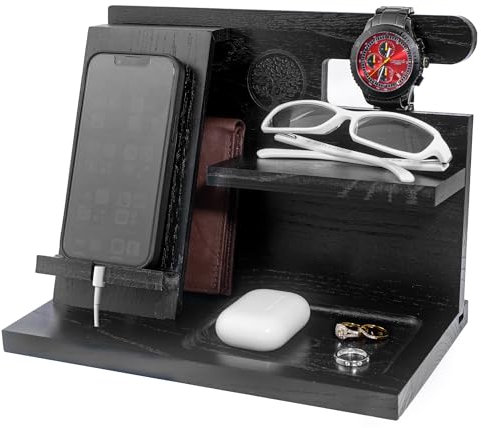 TJC Gifts for Men Wooden Phone Docking Station Bedside Organiser for Him Wooden Phone Holder for Men Nightstand Key Wallet Watch Wooden Desk Organizer Xmas Gift for Dad - Black & Brown
