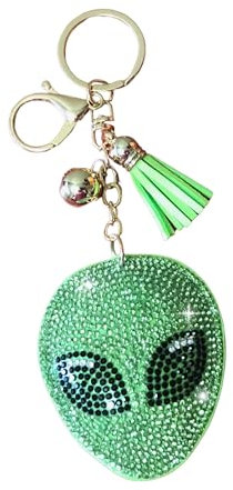 Popfizzy Bling Schlüsselanhänger Zubehör für Frauen, Strass-Schlüsselanhänger, Autoschlüssel, cooler Geldbörsenanhänger für Handtaschen, Grüner Alienkopf (Gold), Large
