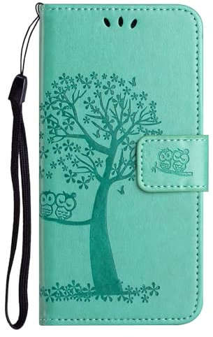 Schutzhülle für Samsung Galaxy S24, Premium-PU-Leder, geprägte Eule, Baum, Klapphülle, stoßfest, dünn, mit Ständer, Kartenhalter, Umhängeband, Grün