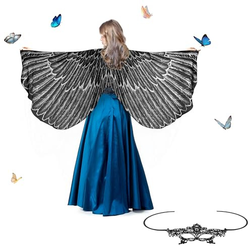 Niuoppy Capa de alas de pájaro para mujer, disfraz de alas de pájaro para fiesta de Halloween con máscara, alas de chal de pájaro, accesorio de disfraz para Navidad, Halloween, fiesta, cosplay, baile