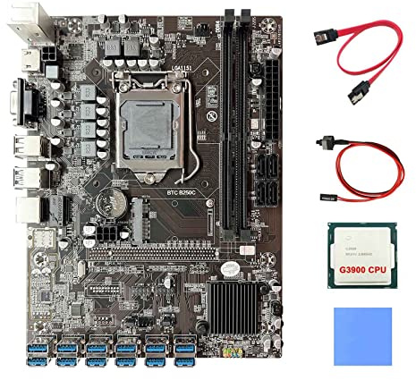 AMIUHOUN B250C BTC Mining Motherboard 12XPCIE auf USB 3.0 Grafikkartensteckplatz LGA1151 + G3900 CPU + SATA-Kabel + Switch-Kabel +