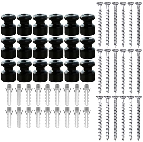 OASHISU 18 Isolateurs en porcelaine pour câbles torsadés, Noir brillant | Isolateurs Céramiques pour installation avec câble tressé textile Ø 18 mm, installation électrique vintage, Support Isolant