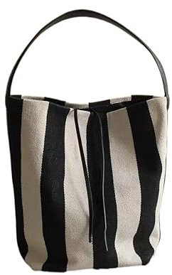 Modische gestreifte Canvas-Eimertasche für Damen – Schultertasche mit großer Kapazität, schwarz / weiß, Einheitsgröße