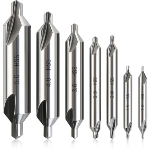 KEWAYO 7 Stück Zentrierbohrer Set, Kegelsenker M2 Hochgeschwindigkeitsstahl | 60-Grad-Winkel , Werkzeuge für Drehmaschine, Metallbearbeitung, Größe (1.0/1.5/2.0/2.5/3.0/4.0/5.0mm)