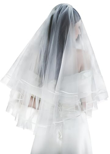 Ambre Adèle Doppellagiger Brautschleier mit verschnörkelten Rändern aus Satinstoff Weiß 90 * 160cm