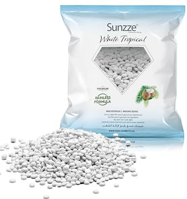 Sunzze Wachsperlen Tropical, mit ein Herrliche Kokosnuss öl Note / 1 kg, weiß, für Haarentfernung ohne Wachsstreifen, Waxing Perlen für Gesicht, Augenbrauen, Arme, Achseln und Bikinizone