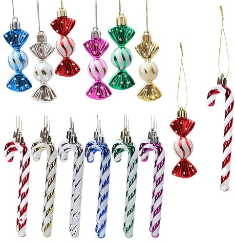 HERZONE 18pcs Zuckerstangen zum Hängen Weihnachtsbaum Süßigkeiten Anhänger Christbaumschmuck Bonbon Glitzernde Hängende Weihnachtliche Süßigkeiten Ornamente (bunt zuckerstangen und bonbon)