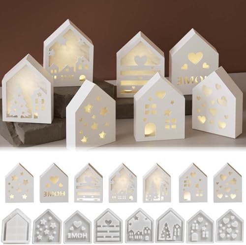 8PCS Silikonformen Gießformen Häuser TREABEAR, Silikonformen Häuser, Kerzenformen Zum Gießen, Gießform Häuser,Gießform Kerzenhalter Haus,DIY Silikonform Häuser mit Herzen Weihnachtsbaum Sterne Fenster