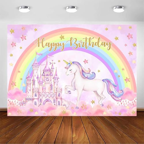 Avezano Telón de fondo de cumpleaños de unicornio para niñas, arcoíris, unicornio, pastel, nube, castillo, telón de fondo de unicornio, cumpleaños, fotografía, telón de fondo para decoración de cabina