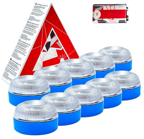 MAGIC SELECT 10X Luz Emergencia V16 para Señalización en Carretera de Coche y Moto. Luz Amarilla Intermitente, Base Imantada y Pila 9V 6LR61 Incluida.