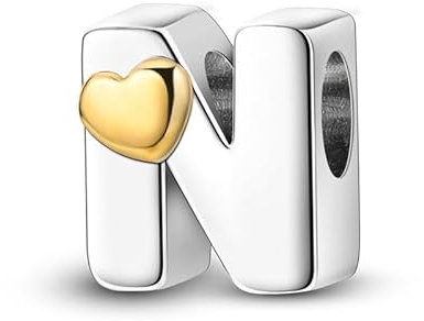 LIGHTDOG Frauen 925 Sterling Silber Charms 26 N Herz Buchstaben Bead Anhänger für Armbänder Charms kompatibel mit Europäischen Armbänder für Frauen Fit Pandora Anhängers Charm Ciondolo Letter