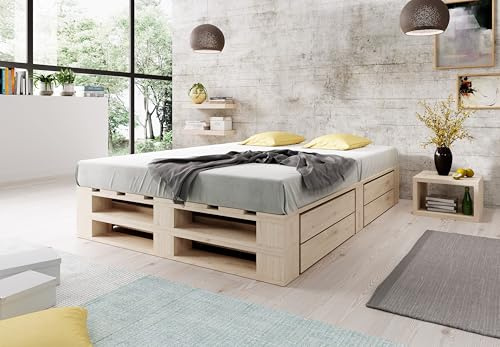 Lermowood Palettenbett M2 aus Holz 140 x 200 cm Natur mit Lattenrost und 2 Bettkästen Holzbett 40cm Stabiles Seniorenbett Kinderbett Jugendbett Gästebett erhöhtes Bettgestell Futonbett Komforthöhe