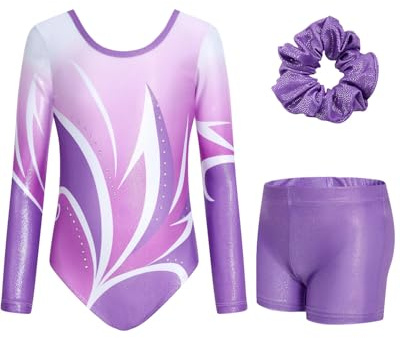 JiAmy Gymnastics Leotards for Girls with Shorts Set, Long Sleeve Kids Gymnastics Athletic Outfit for Kids 3-12 Years