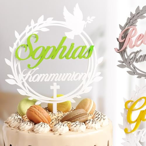 Personalisierbarer Cake Topper zur Kommunion | Individuelle Torten-Deko mit Namen | Hochwertige Verzierung in vielen Farben | Perfekt für die Kommunionsfeier & als stilvolle Erinnerung