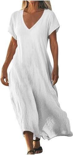 Robe Femme en Coton Lin Pas Cher Robe Chic et Elegant Soldes Robes d'été à Manches Courtes à Col en V de Couleur Unie Robes de Plage Fluide Swing Décontractée