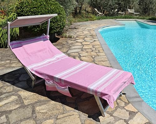 Vico Casa® Strandtuch für Sonnenliege Palau 75x195cm aus Baumwolle, Rosa/Sonnenliege, Pool, Strandtuch mit Kissen, Taschen und Tragetasche
