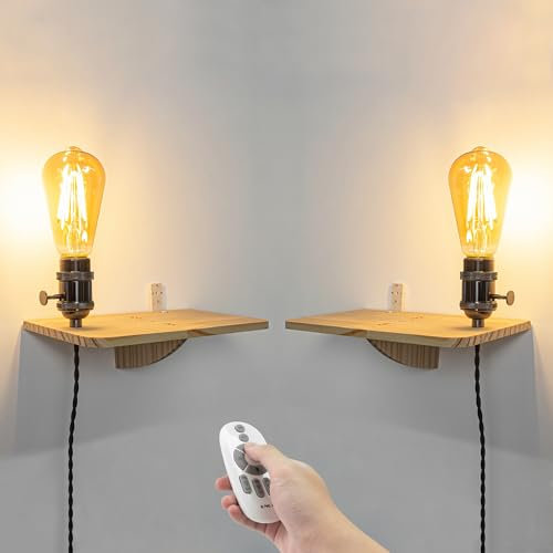 FSLiving Dimmbar Wandleuchte Innen Mit Fernbedienung,2er-Satz Vintage Metall Wandlampe mit E27 Lampenfassung, Wandleuchte ohne Bohrung,Lese-Wandleuchter mit Wandregal für Wohnzimmer Treppenhaus BD2897
