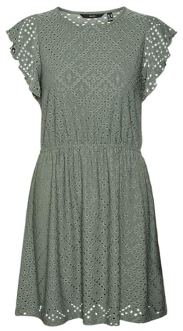 VERO MODA Damen Mini Kleid kurzes Sommerkleid Spitzenkleid Blickdicht mit Flatterärmeln VMTassa Frill