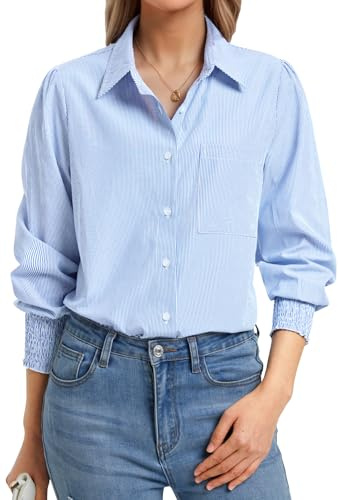 Enmain Camisa Mujer Manga Larga de Rayas Elegante Camisas con Botones Blusa con Cuello V Informal Básica Trabajo Empresa S-4XL