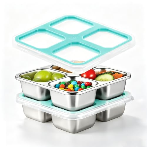 Misichao Snackbox mit 4 Fächern Edelstahl, 400ml Snackdose für Kinder & Erwachsene, Wiederverwendbare Lunchbox Bento Box mit Fächern für Schule, Arbeit & Camping