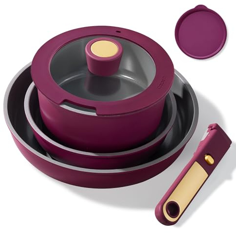 CAROTE 6pcs Pots and Pans Set Non Stick, Cookware Sets, Kitchen Set, Oven/Fridge Safe, Space Saving Pots Set, Nonstick Cooking Set with Versatile Detachable Handle, Induction RV Set