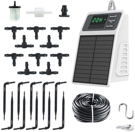FACAIIO Solarbetriebenes Tropfbewässerungs-Timer-System mit 2200 mAh Akku, 10 m Schlauch und 35 PSI Pumpe für Gärten und Topfpflanzen
