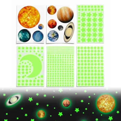 10 Planeten Wandsticker, Leuchtsticker Kinderzimmer Selbstklebend | Wandtattoo Kinderzimmer, Wanddeko für Mädchen Jungen, Wandsticker für Babyzimmer Deko, Leuchtsterne Wandaufkleber