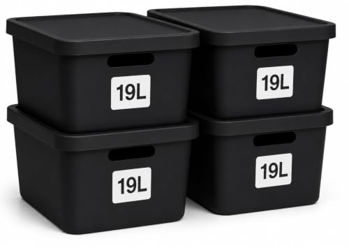 Plastard Aufbewahrungsbox mit Deckel 4er-Set 19 Liter in Schwarz | BPA-Freie Ordnungsbox für Küche, Bad, Büro, Kinderzimmer, Robuste Stapelbare Kunststoffbox, 46 x 34 x 16 cm, Ordnungskiste